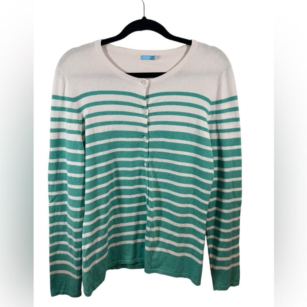 J. McLaughlin Striped Button Cardigan Teal Blue Long Sleeve Size Large